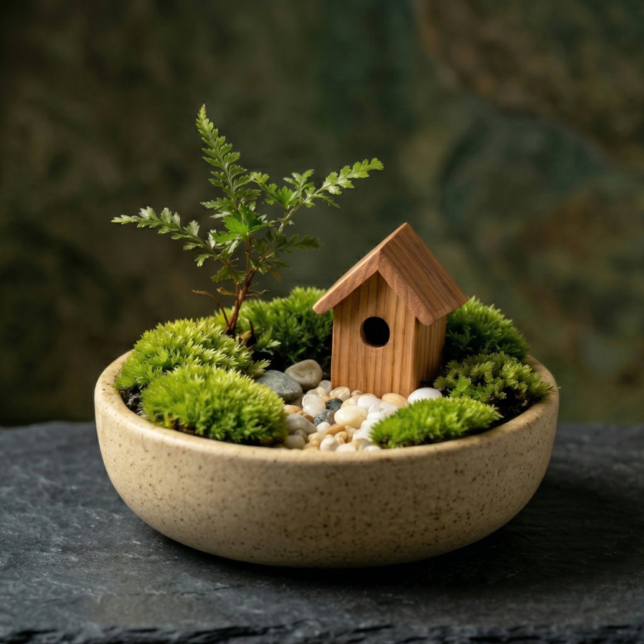Mini Moss Garden Planter with Wooden House Accent