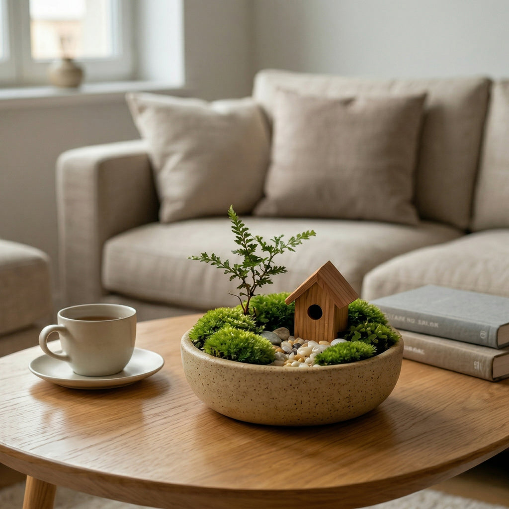 Mini Moss Garden Planter with Wooden House Accent