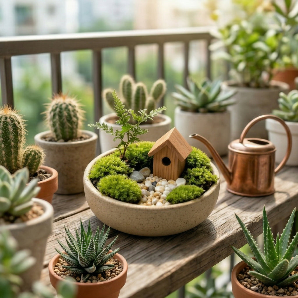 Mini Moss Garden Planter with Wooden House Accent