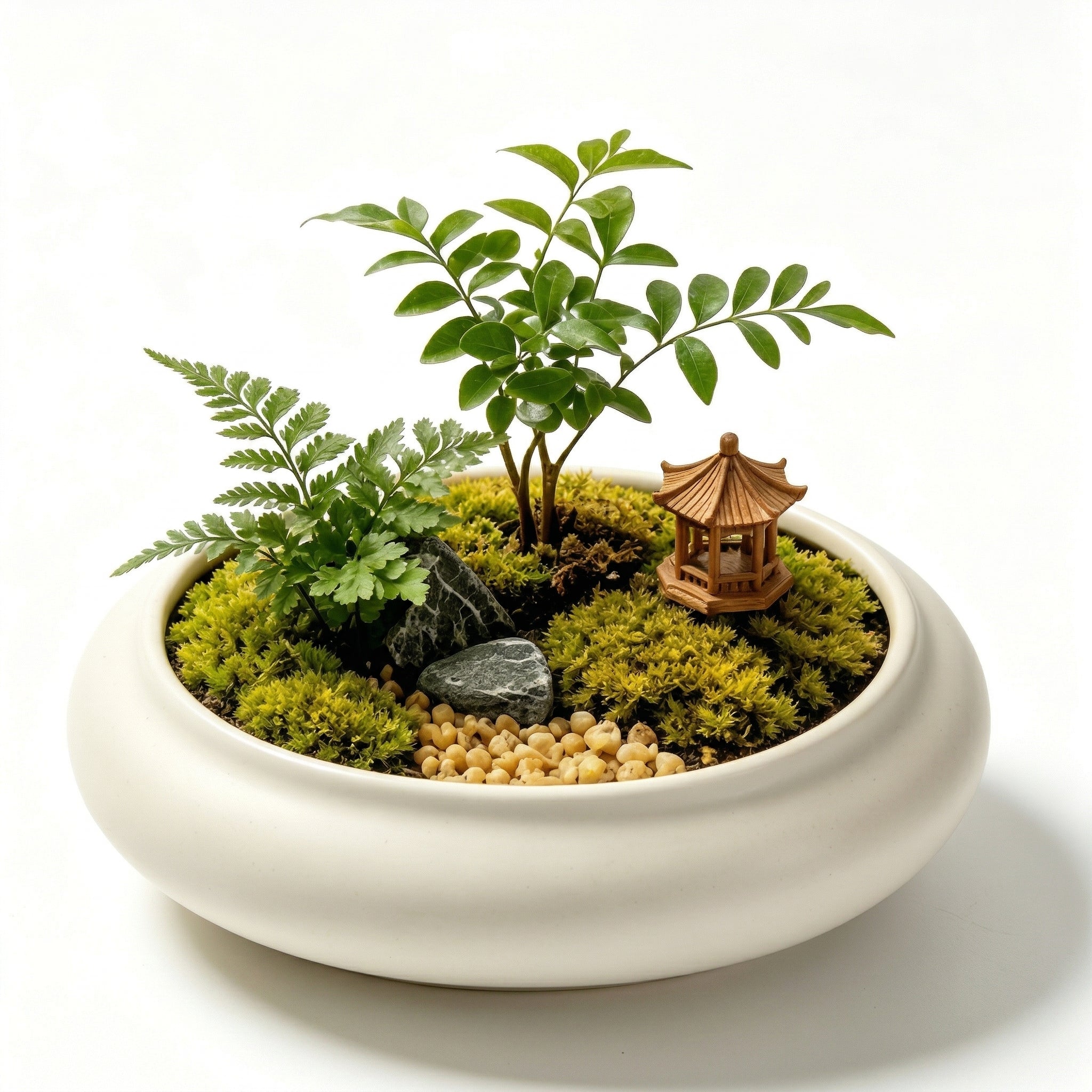 Zen-Inspired Moss Micro Landscape with Pavilion Accent