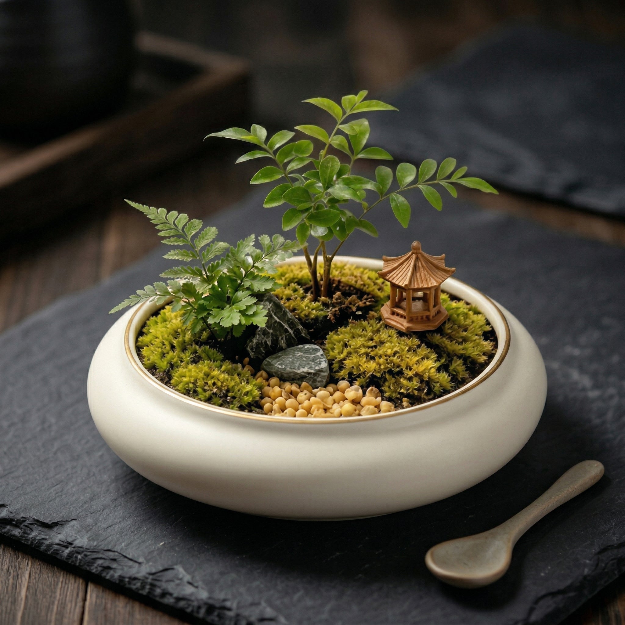 Zen-Inspired Moss Micro Landscape with Pavilion Accent