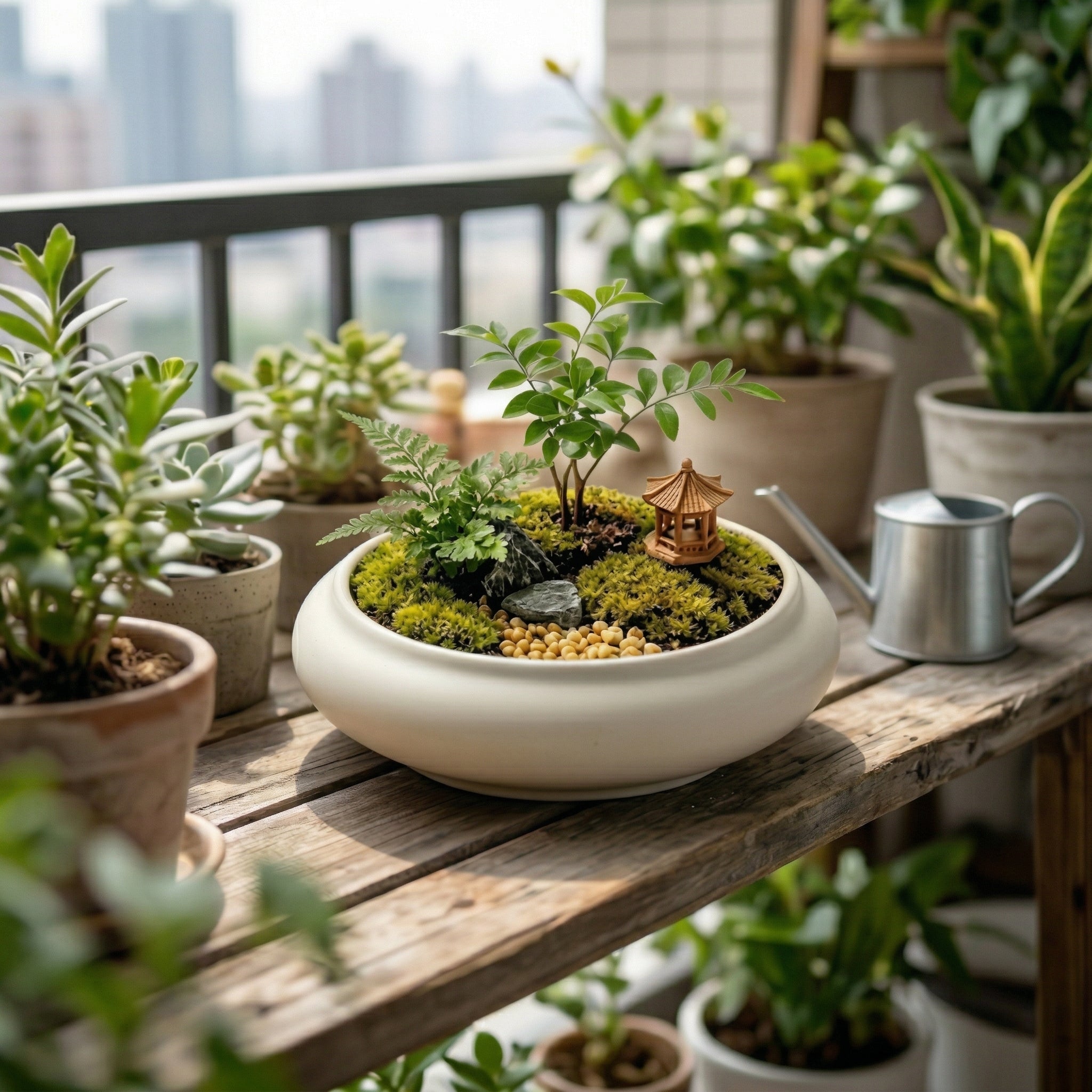 Zen-Inspired Moss Micro Landscape with Pavilion Accent