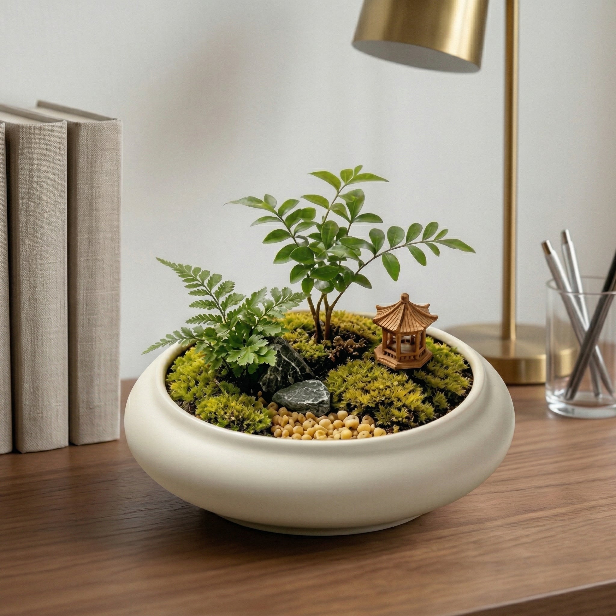 Zen-Inspired Moss Micro Landscape with Pavilion Accent