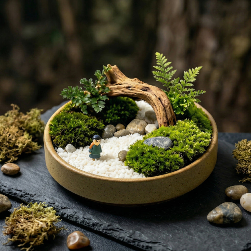 Mini Zen Moss Landscape Planter with Driftwood Bridge Accent