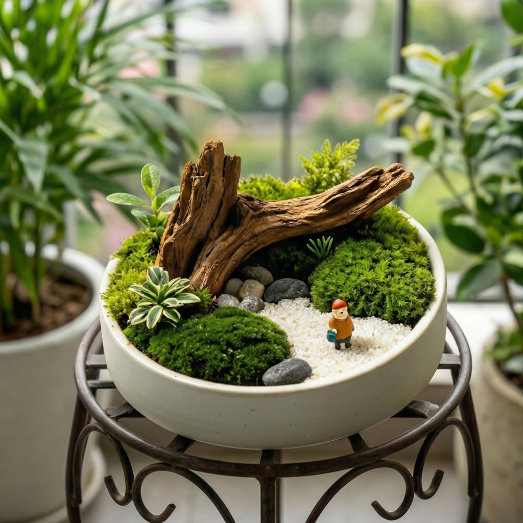 Mini Woodland Moss Landscape Planter with Driftwood Accent