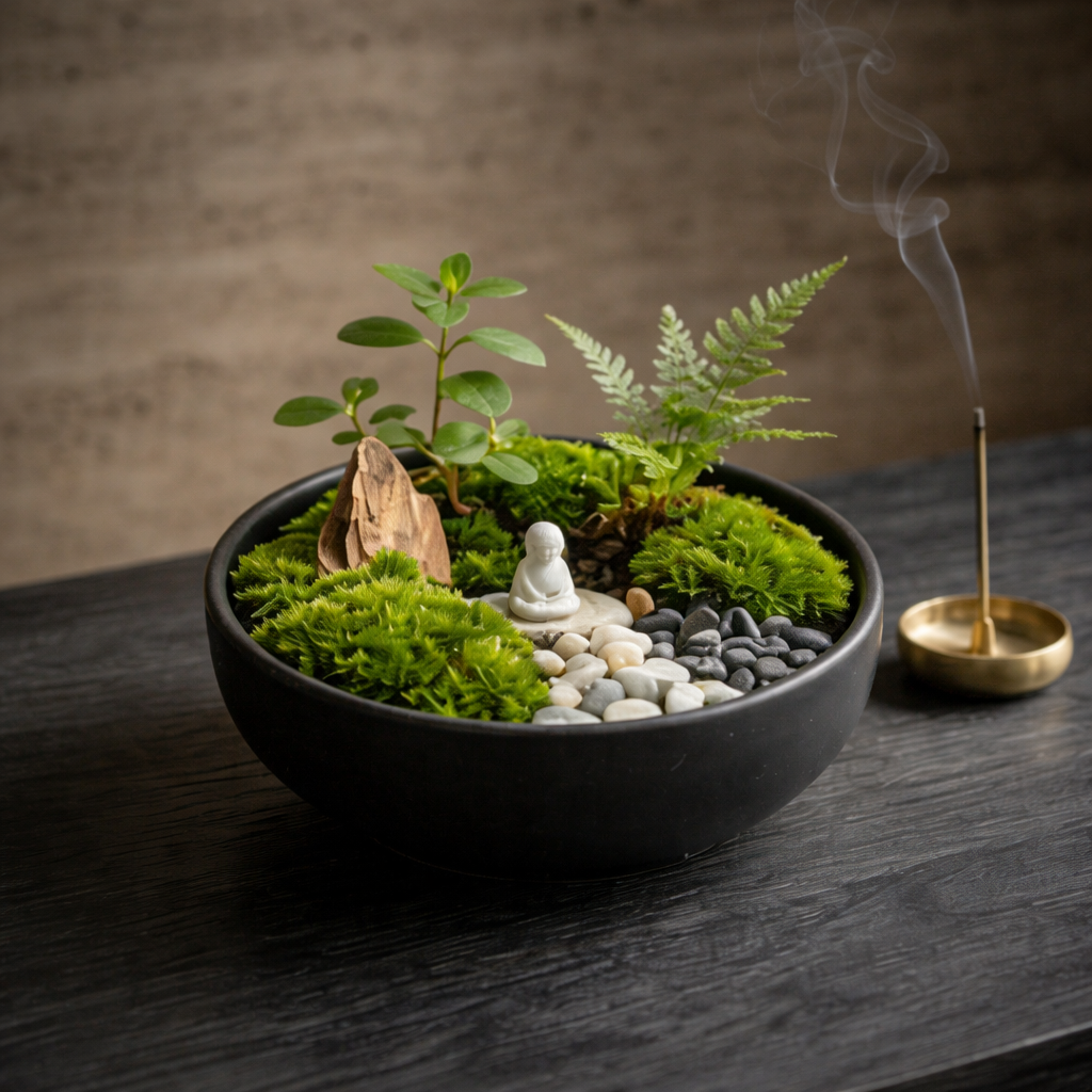 Zen Moss Micro Landscape in Black Ceramic Planter