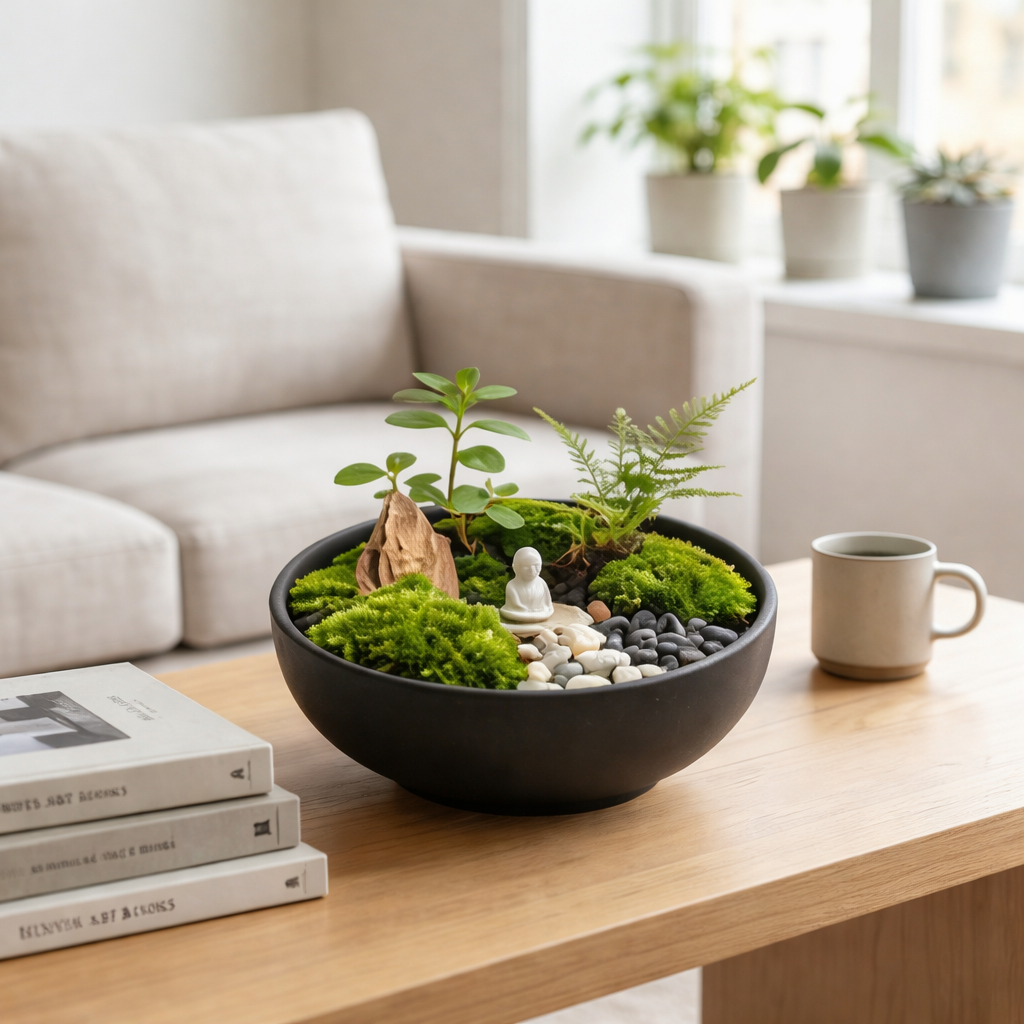 Zen Moss Micro Landscape in Black Ceramic Planter