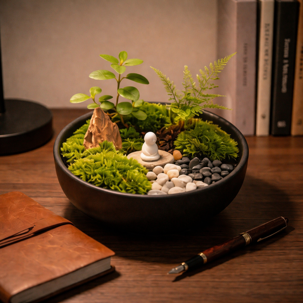 Zen Moss Micro Landscape in Black Ceramic Planter